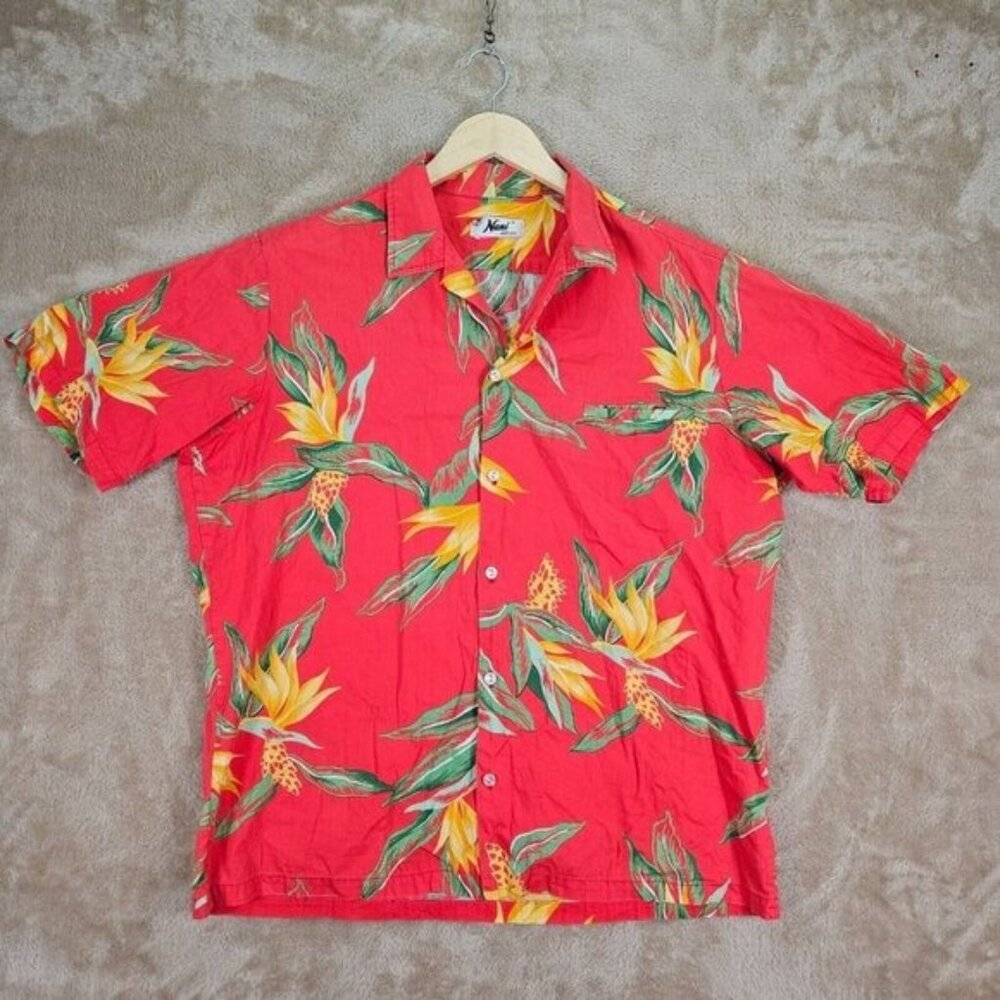 Nani Honolulu Hawaiian Shirt Red Yellow Floral Short Sleeve (Measurement Photos)